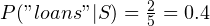 P("loans"|S) = \frac{2}{5} = 0.4