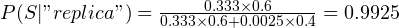 P(S|"replica") = \frac{{0.333 \times 0.6}}{{0.333 \times 0.6 + 0.0025 \times 0.4}} = 0.9925