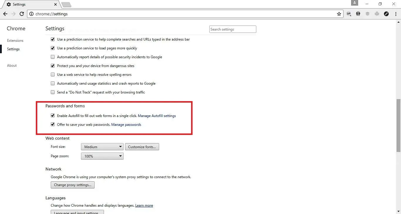 chrome passwords and forms settings