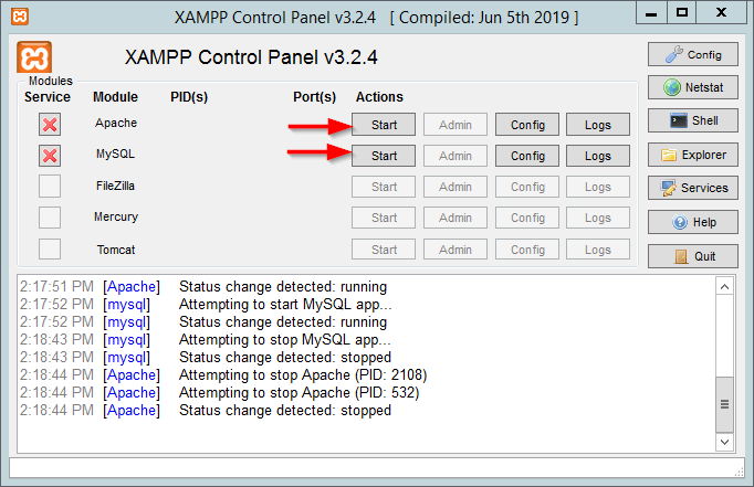 Starting Apache and MySQL in XAMPP