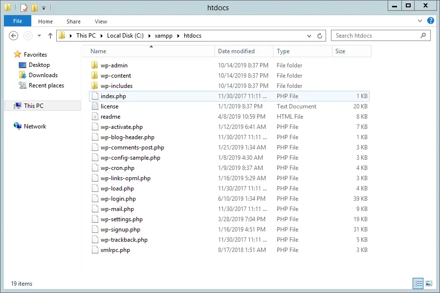 Structure of the htdocs folder after putting in the WordPress files