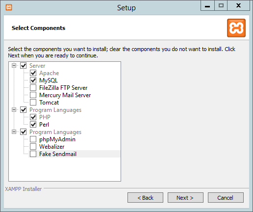 Selecting XAMPP components for installation