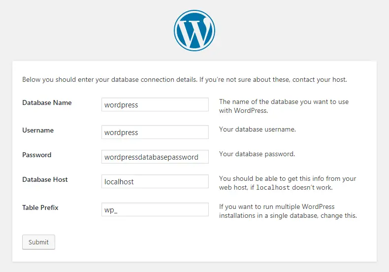 Filling in the WordPress database details.