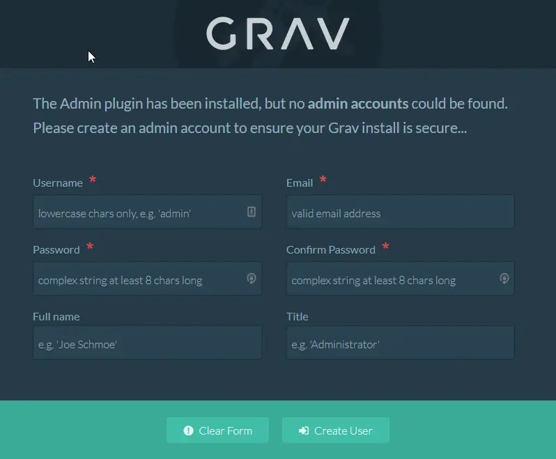 grav admin signup