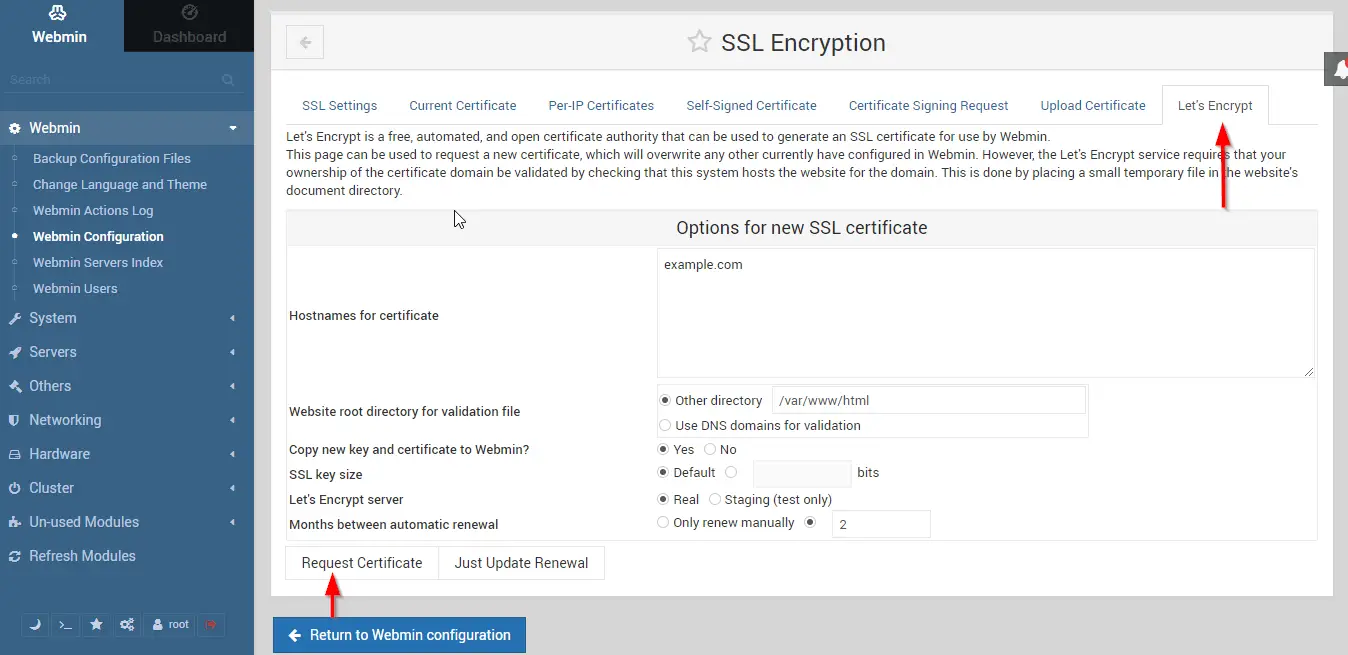 webmin letsencrypt configuration