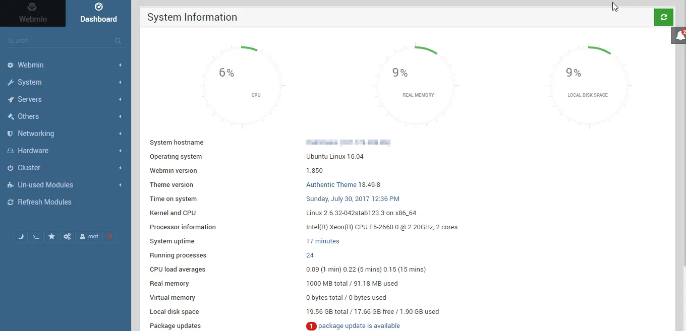 webmin dashboard