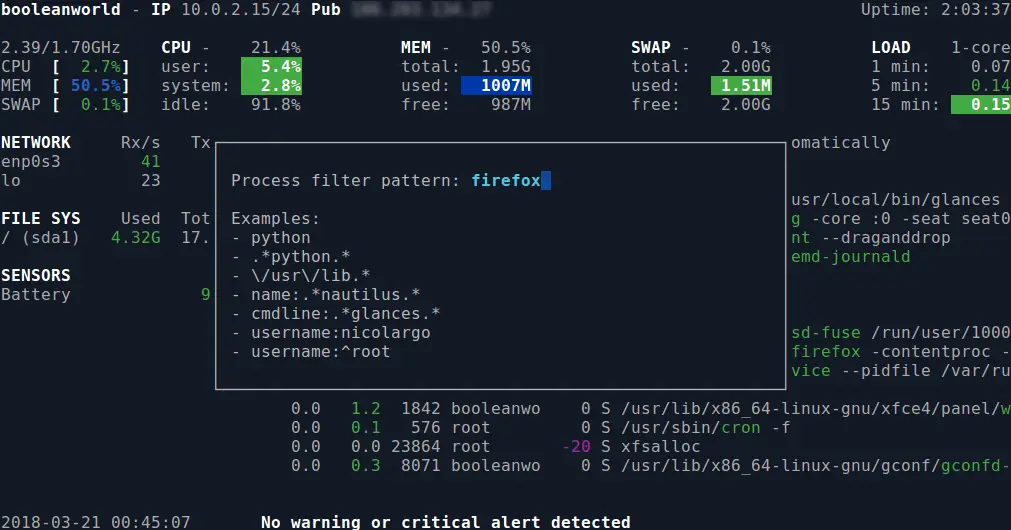 glances process filter search box