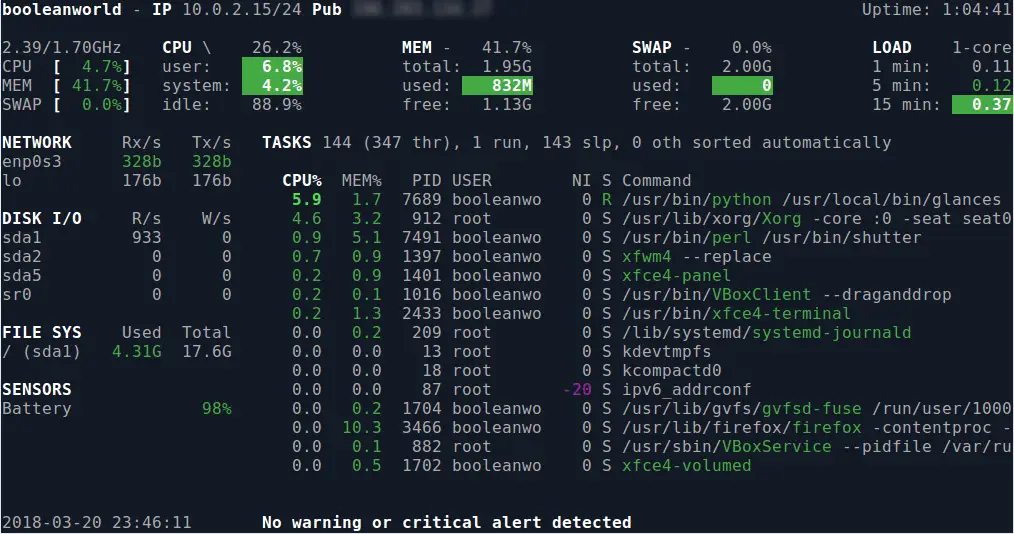 A screenshot of Glances, showing various statistics.