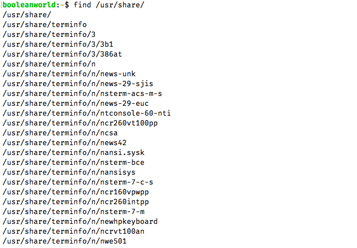 The find command showing contents of the /usr/share directory.